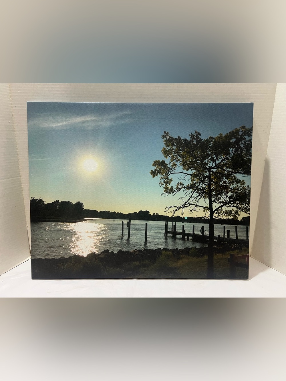 Lake Pier Canvas Wall Art: Dock in Sunset Artwork Wooden Bridge 16”x20”